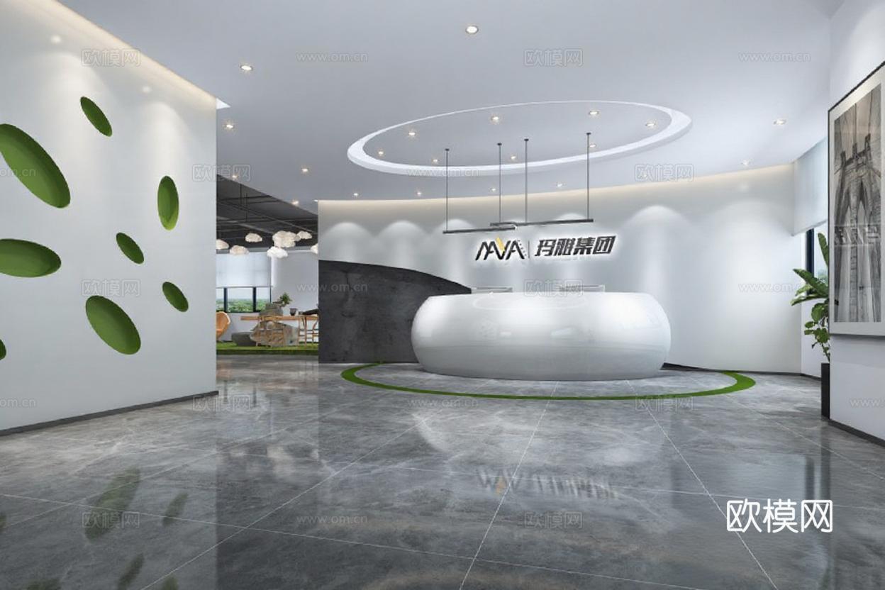 3D渲染企业展厅设计 现代科技感接待区效果图 极简商业空间室内装饰免费3d模型