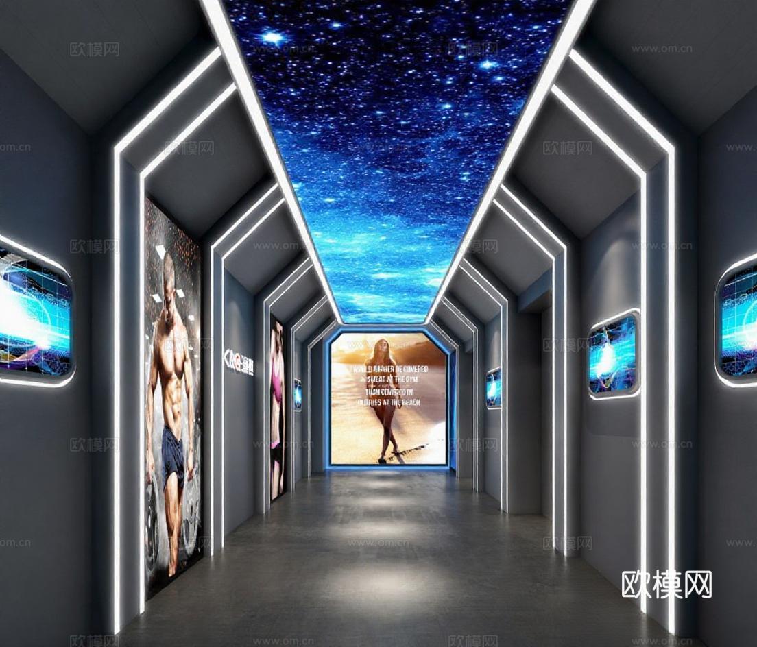 未来科技感健身房走廊设计 星空主题健身中心视觉营销 商业空间发光灯带装饰方案免费3d模型