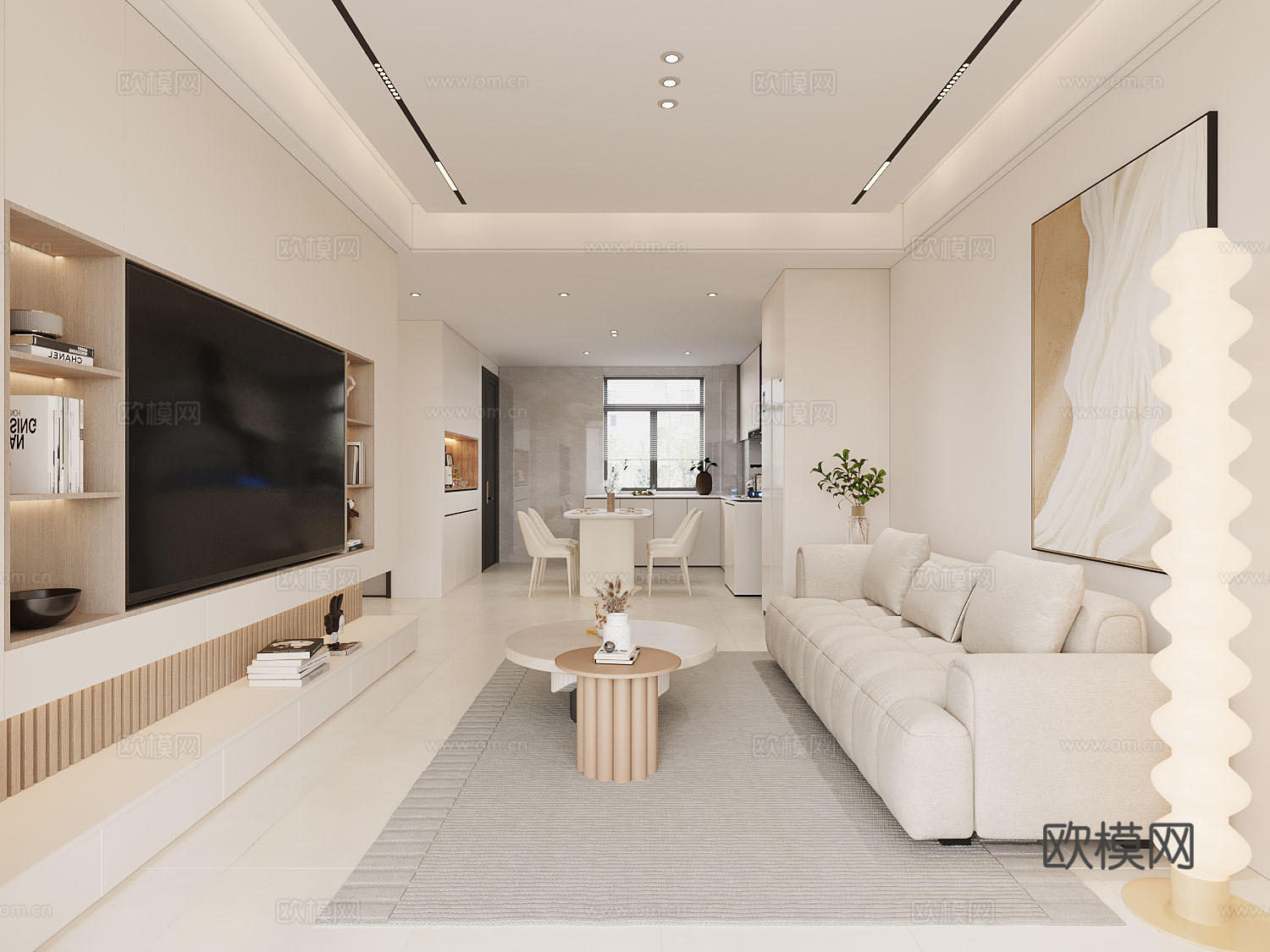 现代奶油客餐厅3d模型下载（渲染图2）