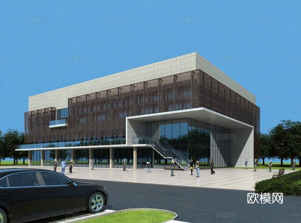 现代建筑设计效果图 玻璃幕墙木质格栅立面 金属楼梯入口设计 城市广场景观3D模型免费3d模型下载