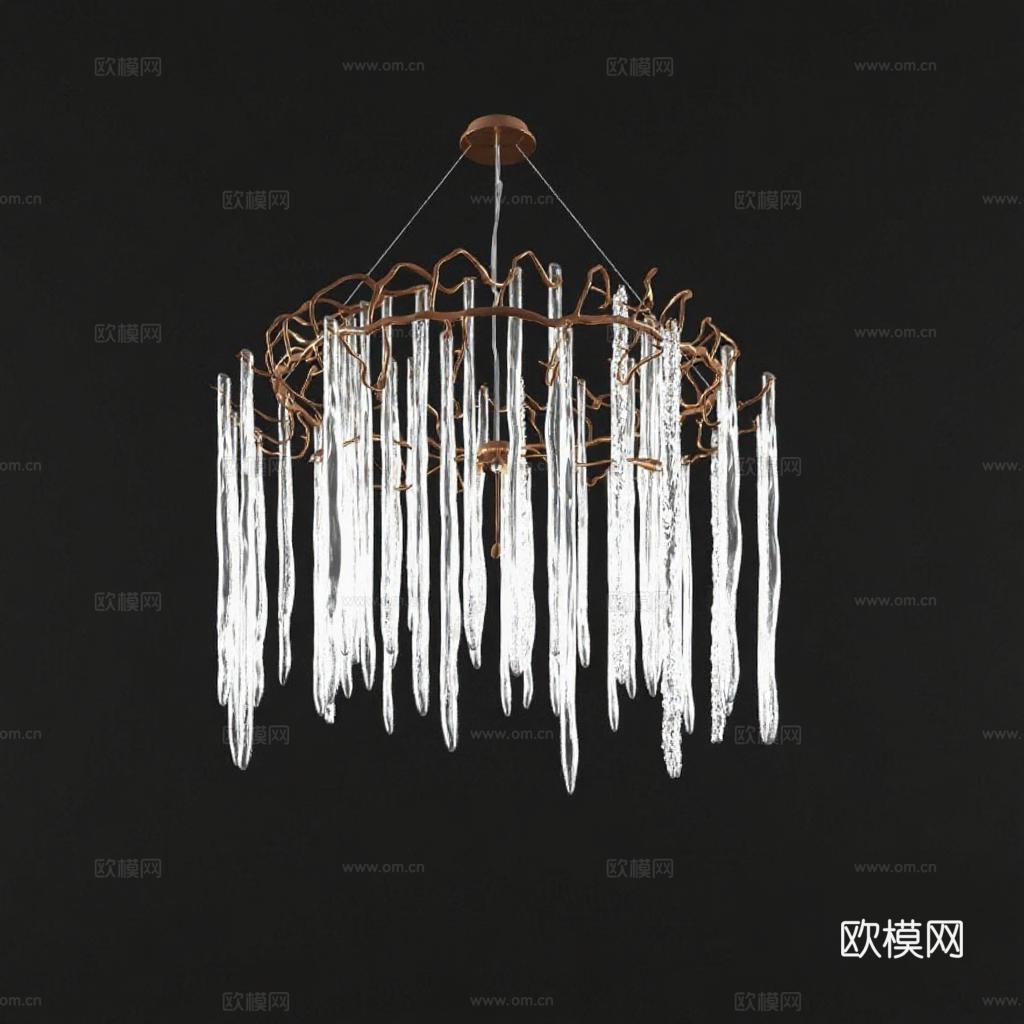 铜色金属树枝造型吊灯 水晶冰柱装饰灯具 现代艺术灯具设计 高端室内装饰3D模型 奢华家居软装效果图免费3d模型
