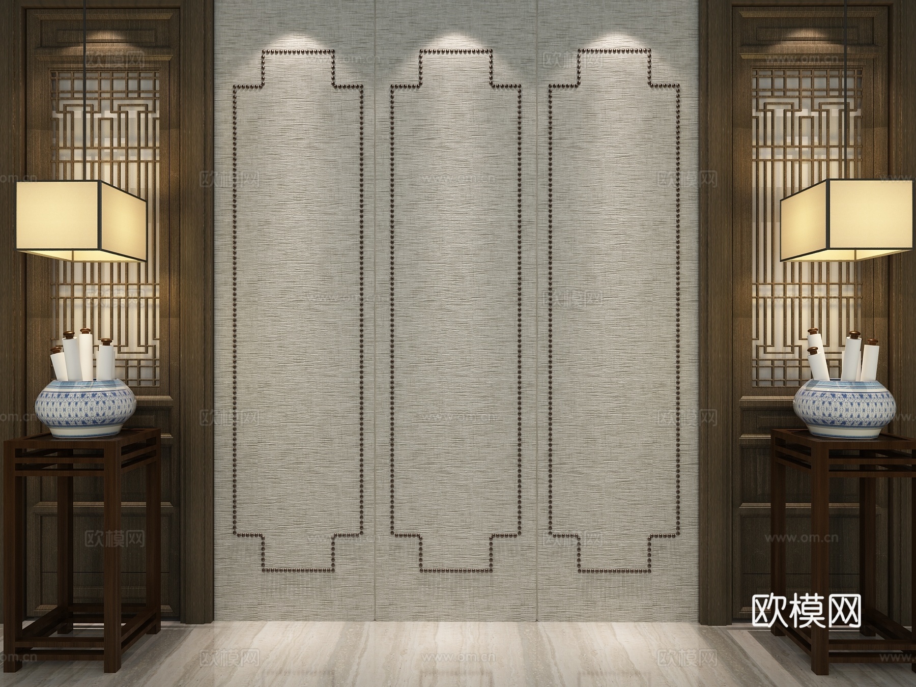 背景墙 形象墙 中式背景墙 中式吊灯 中式凳子3d模型下载（渲染图2）