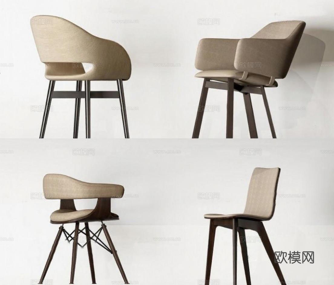 现代简约布艺木椅多角度展示 深棕色实木框架客厅家具设计 四宫格产品细节图 舒适家居搭配灵感免费3d模型