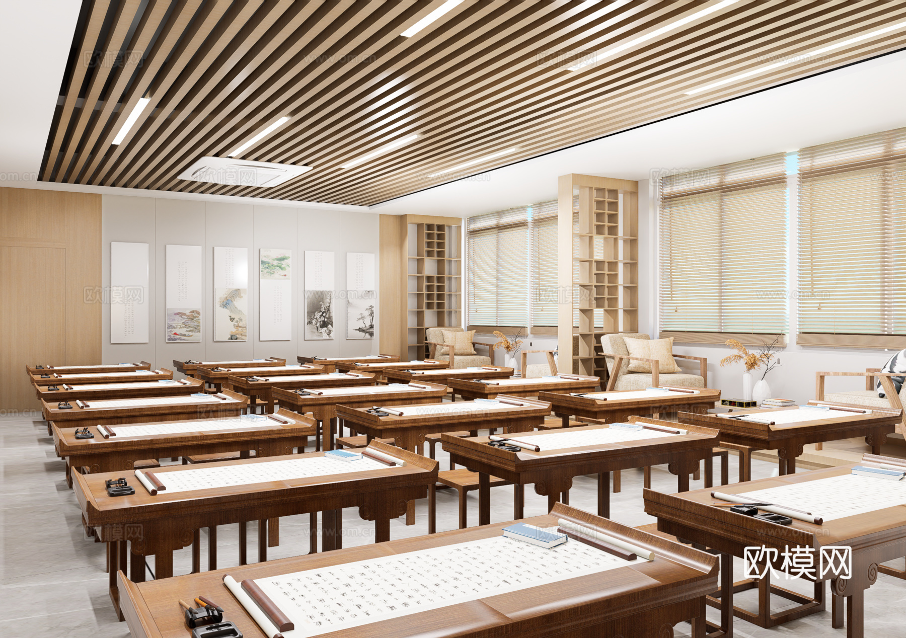 0084现代中式新中式儒学教室书法教室教培空间su模型