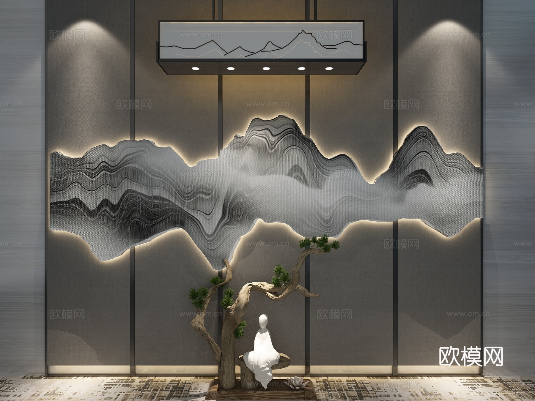 禅意中式背景墙 中式吊灯 迎客松 雕塑3d模型下载（渲染图2）