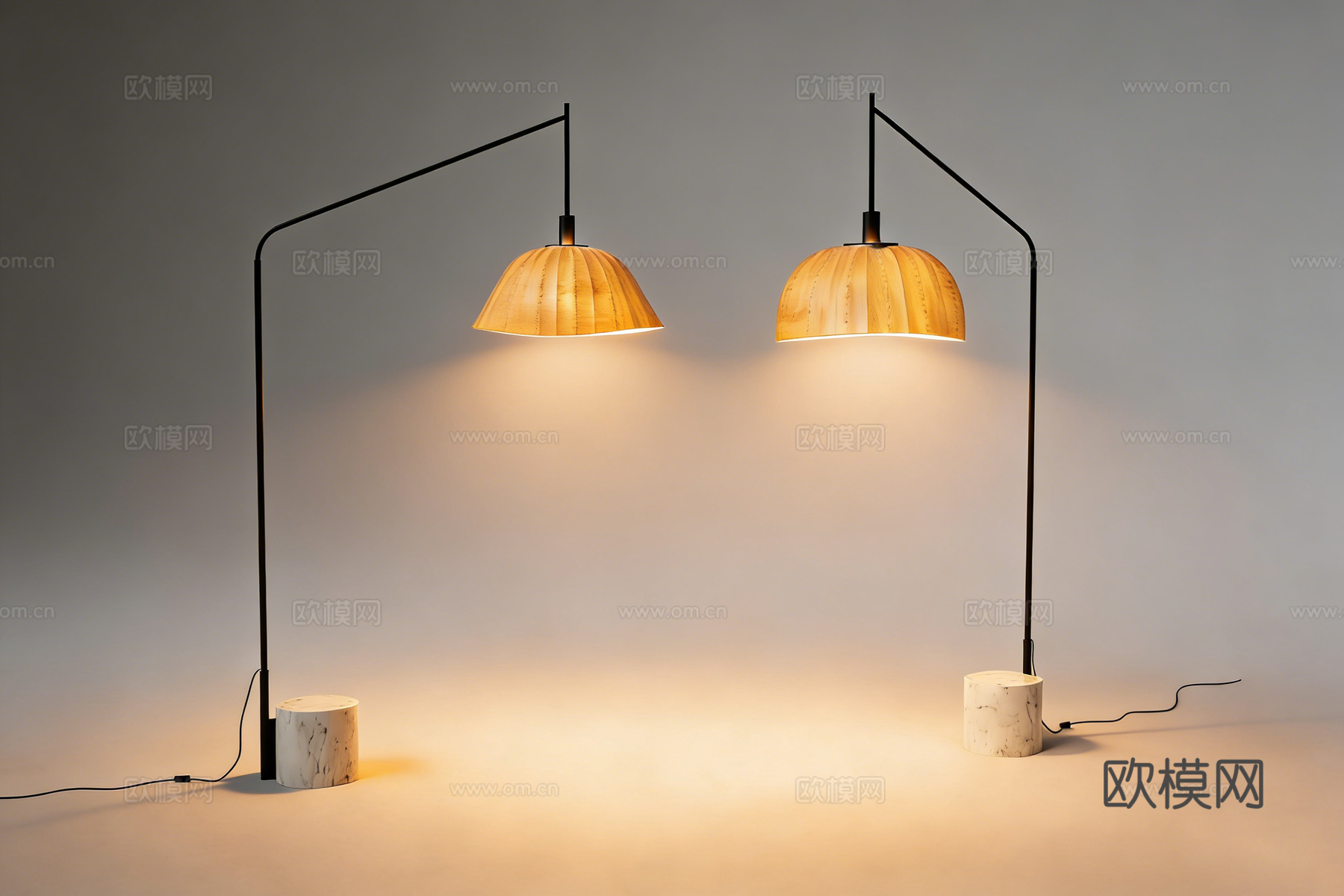 现代简约褶皱木质灯罩落地灯 白色大理石底座 黑色细杆 温馨暖su模型