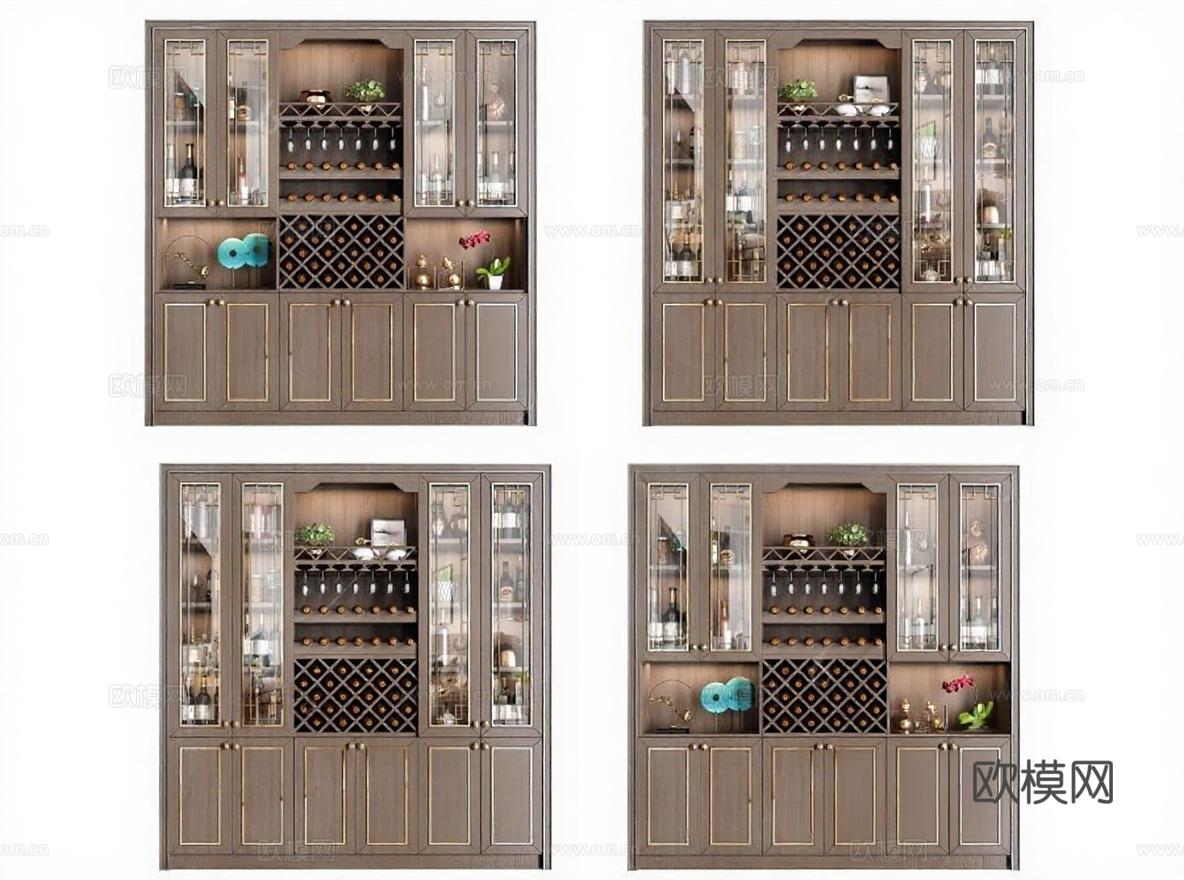 现代轻奢酒柜3D模型 灰褐金边高端家具设计 家居装饰室内设计效果图免费3d模型