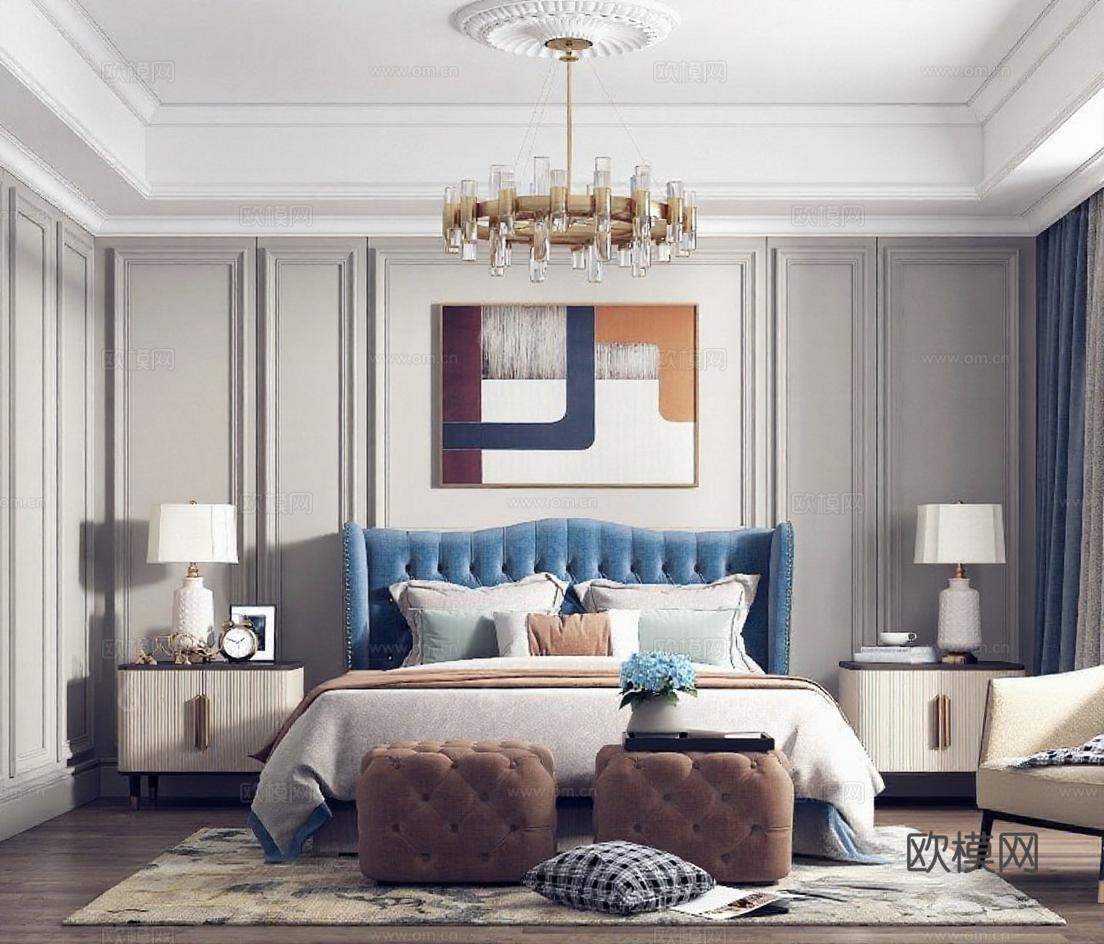现代轻奢卧室装修设计 高端家居3D渲染效果图 灰白蓝色调样板间装饰案例免费3d模型下载