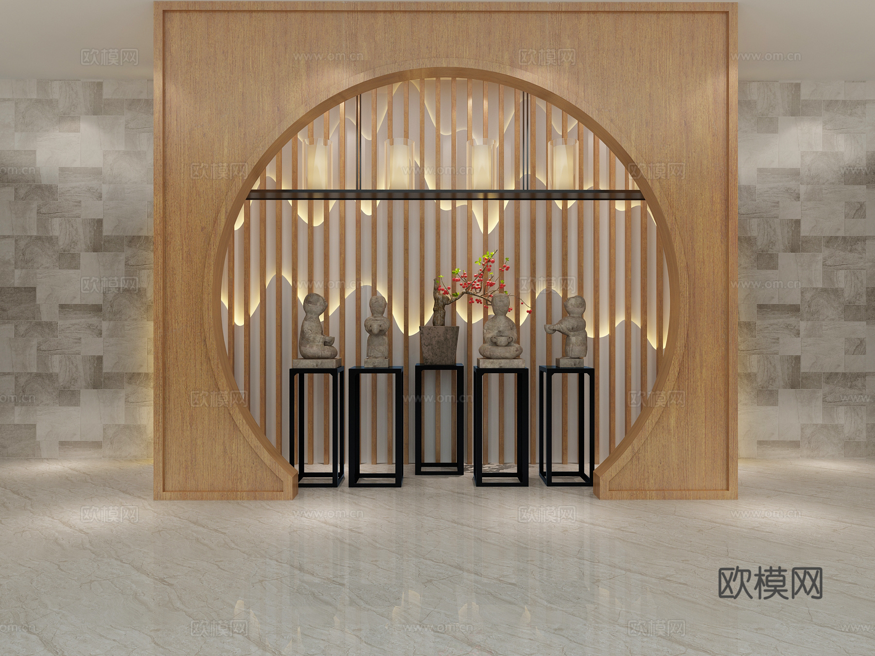 背景墙 形象墙 中式背景墙 中式吊灯3d模型下载（渲染图1）