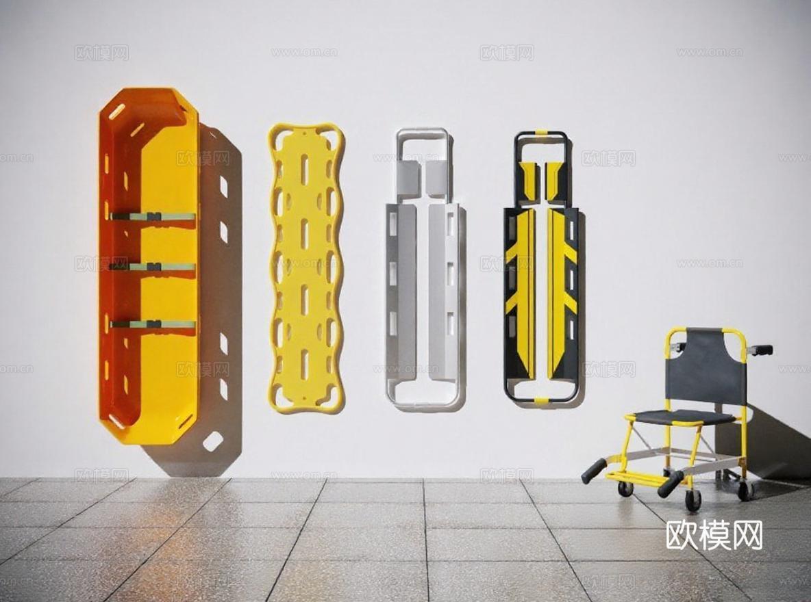 医疗急救担架 医院应急器材 黄黑醒目设计 医疗辅助工具展示免费3d模型