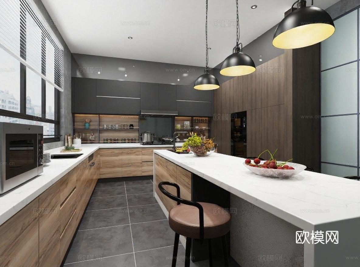 现代风格厨房3D渲染效果图 L型布局家居设计案例 高级灰白色调室内装修灵感免费3d模型下载