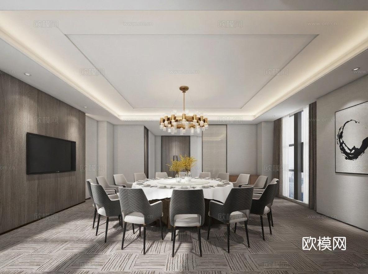 现代简约商务餐厅设计 高端会所室内装饰 3D渲染会议室效果图展示 几何吊灯艺术空间布局免费3d模型下载