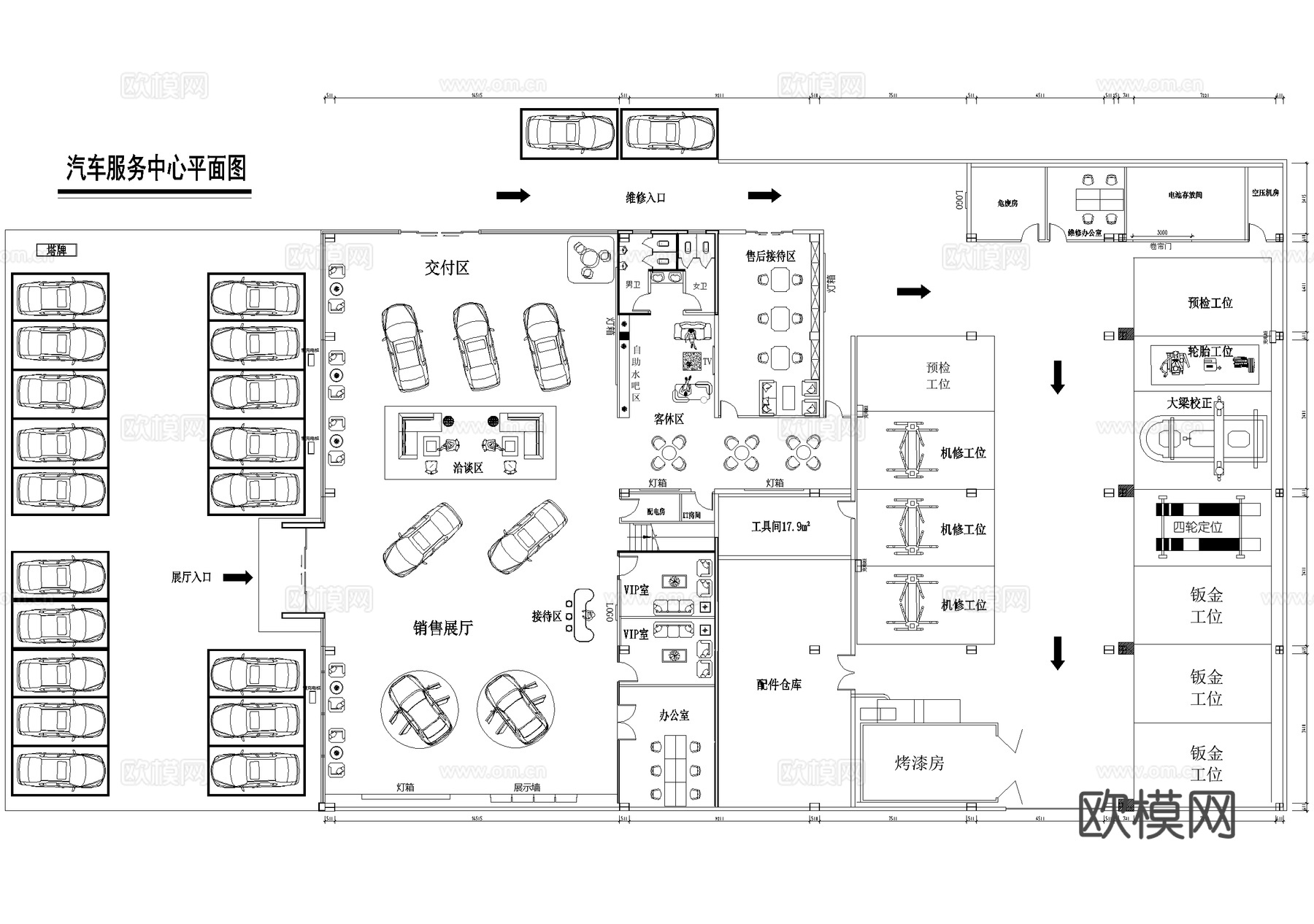 4s店汽车展厅维修服务中心体验店平面图cad施工图