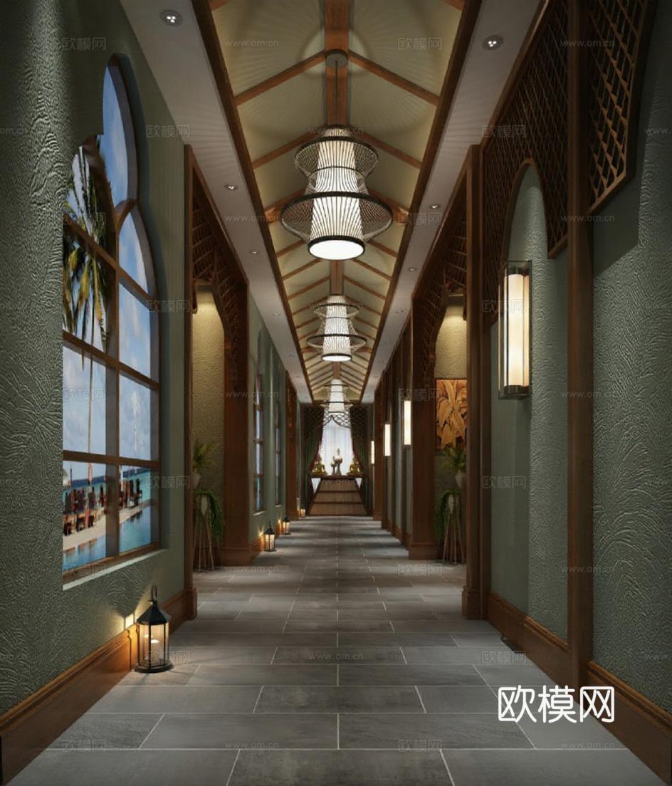 东南亚热带风格酒店走廊设计 3D渲染奢华度假村水疗中心室内效果图免费3d模型下载