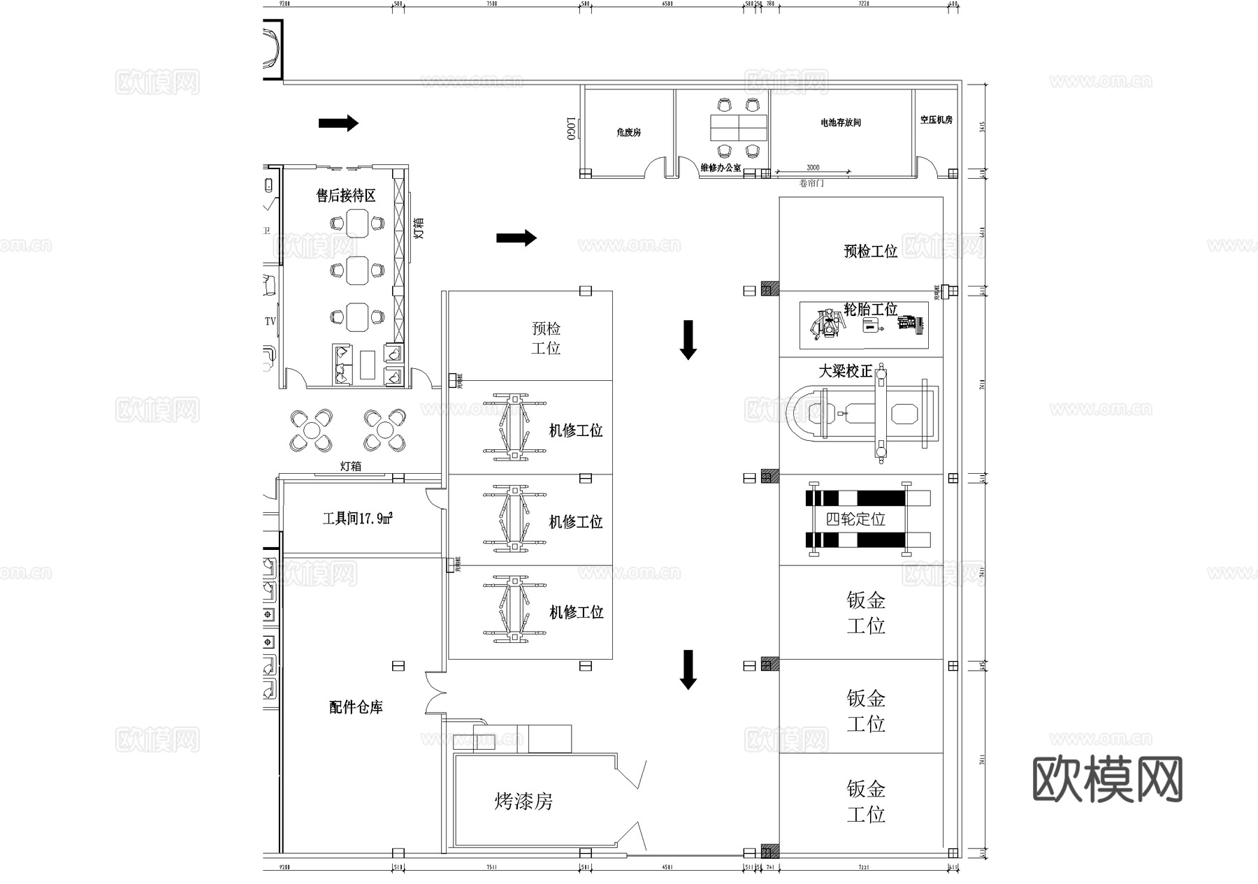4s店汽车展厅维修服务中心体验店平面图cad施工图