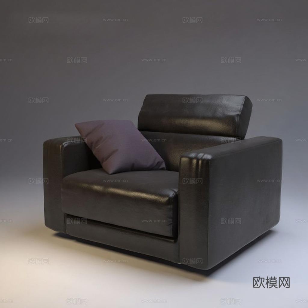 深灰皮革单人沙发 紫灰靠垫现代极简设计 高端室内装饰3D模型 产品展示静物图免费3d模型下载