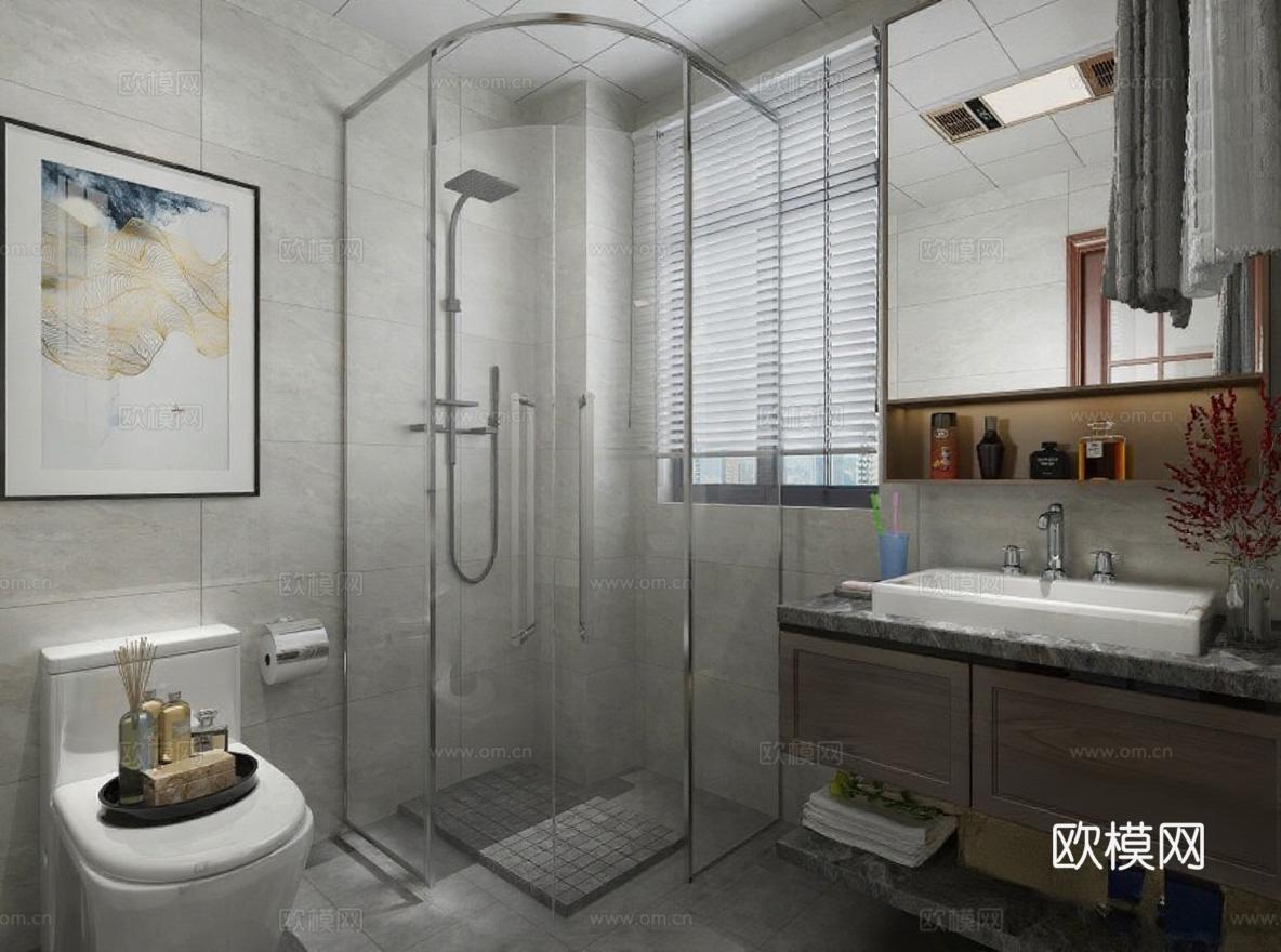 现代简约浴室设计 3D渲染卫浴空间 L型布局透明玻璃隔断免费3d模型
