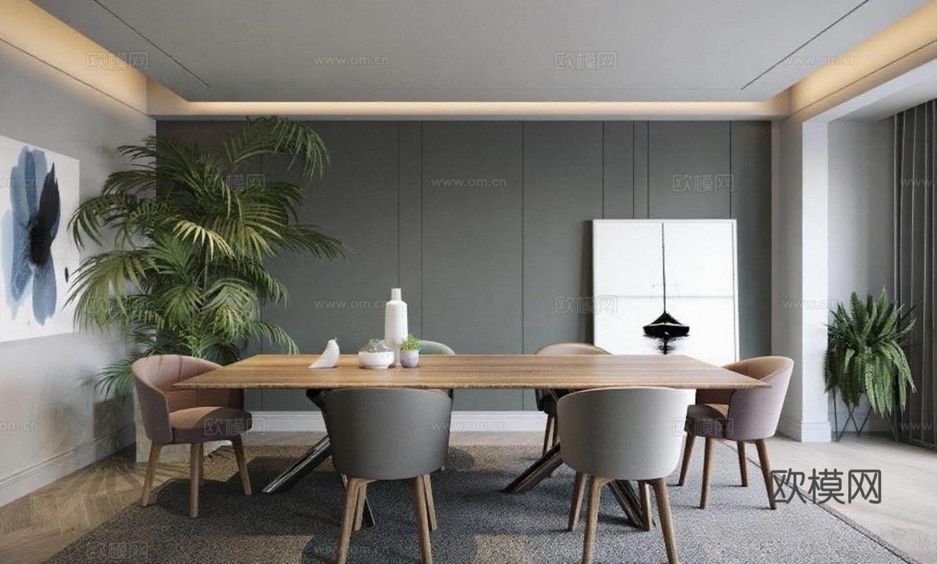 现代简约餐厅设计 原木餐桌布艺餐椅搭配灵感 绿植装饰隐藏式灯带免费3d模型下载