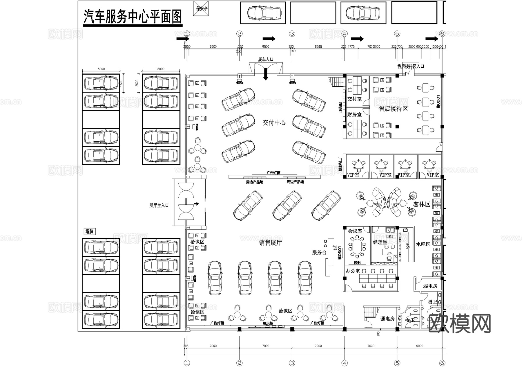 4s店汽车展厅维修体验服务中心平面图cad施工图