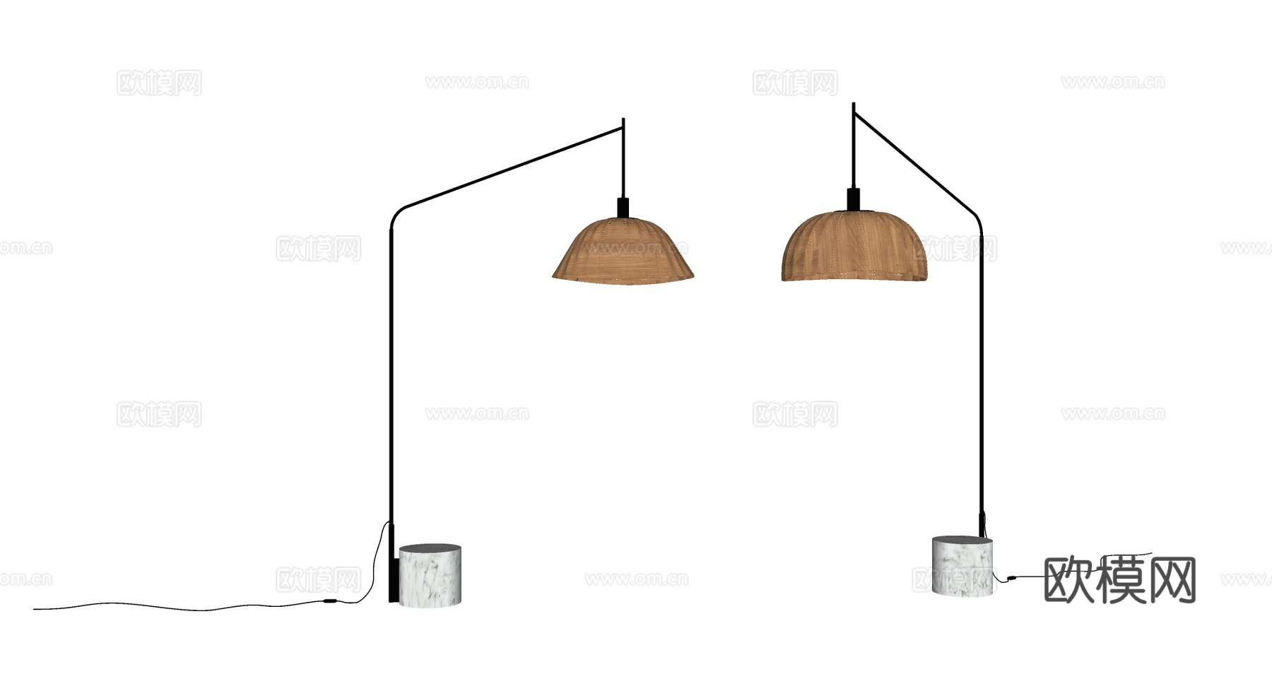 现代简约褶皱木质灯罩落地灯 白色大理石底座 黑色细杆 温馨暖su模型