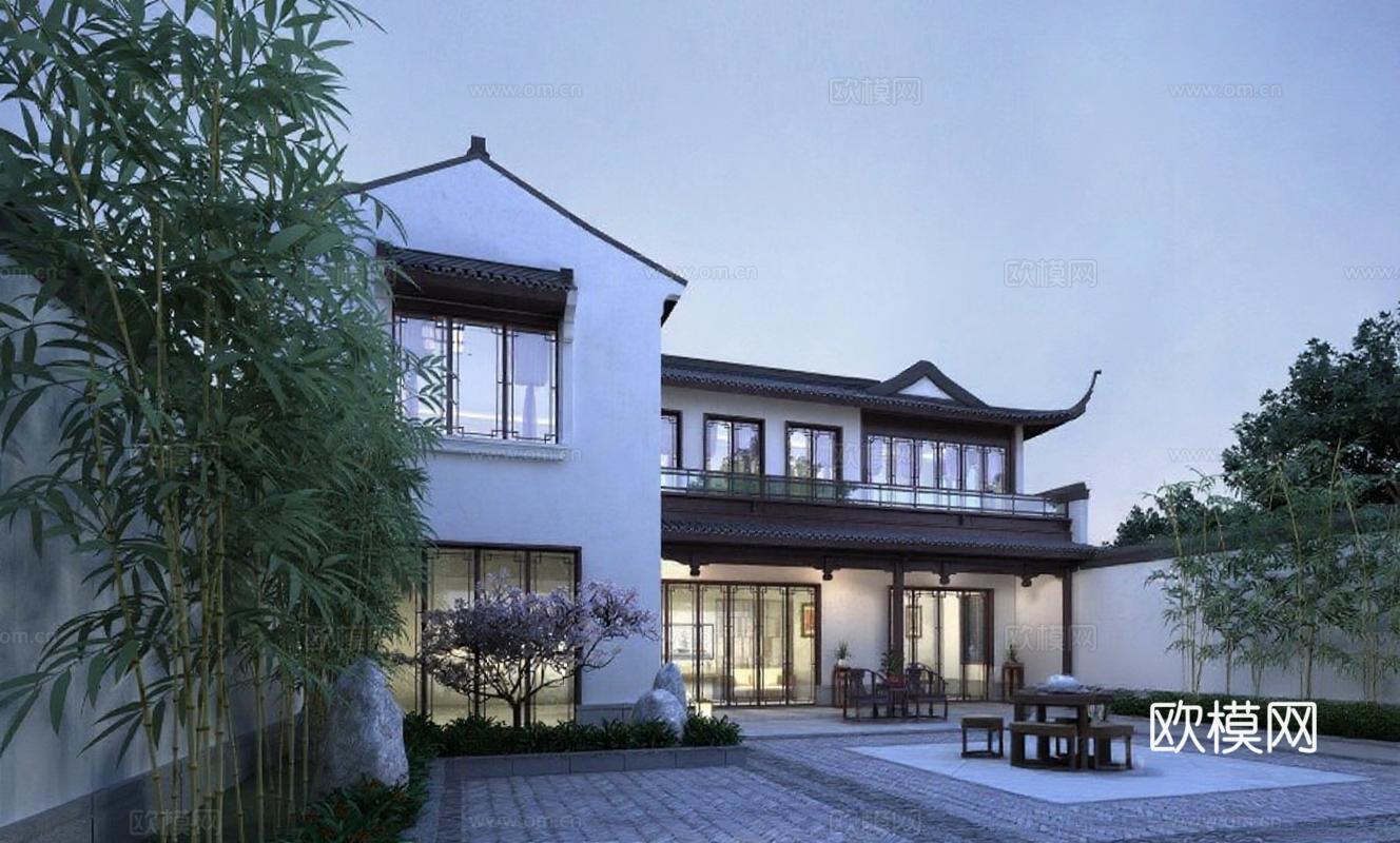 现代中式庭院别墅设计 高端住宅景观效果图 黄昏静谧园林建筑渲染免费3d模型下载_ID16343590_3dmax免费模型-欧模网