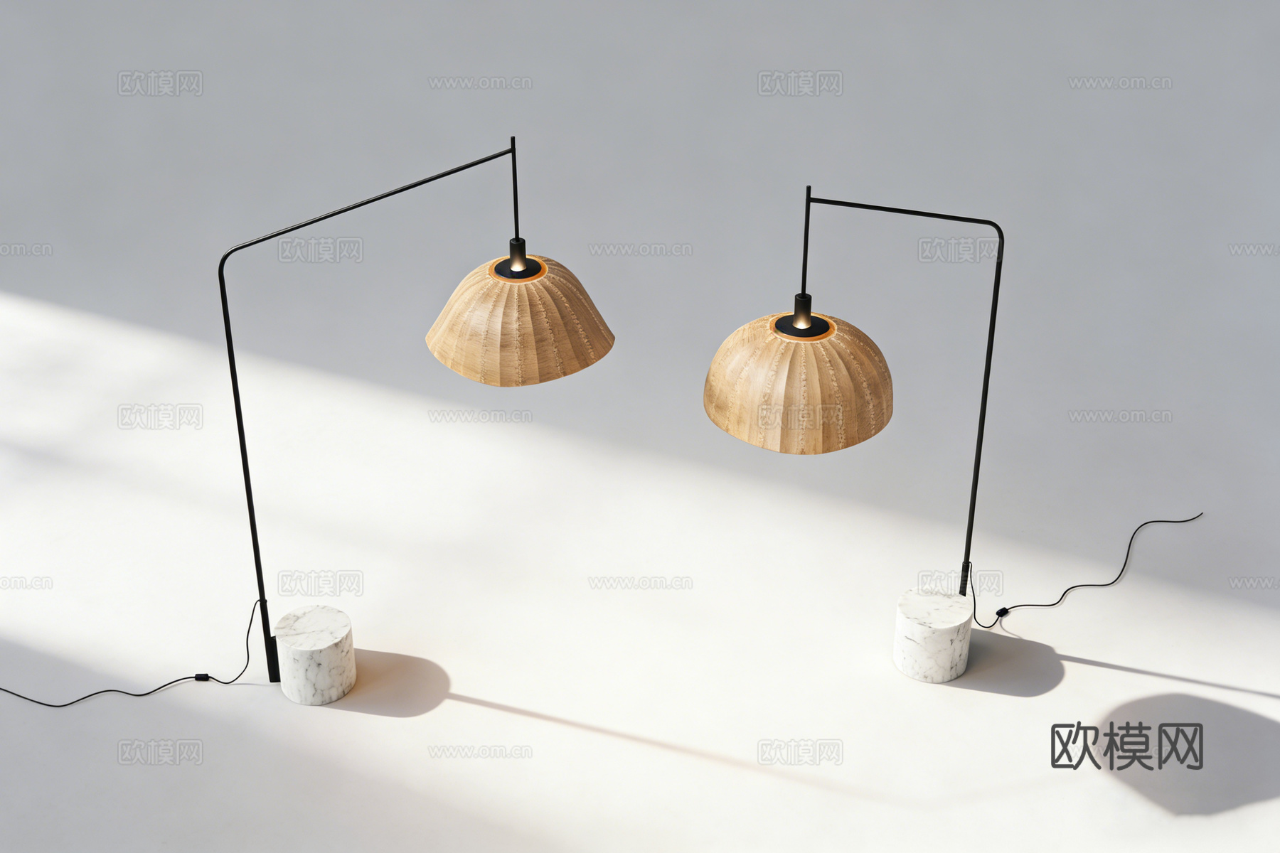 现代简约褶皱木质灯罩落地灯 白色大理石底座 黑色细杆 温馨暖su模型