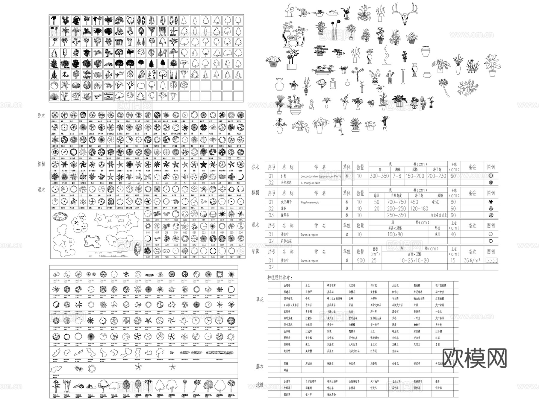 常用园林景观植物平立面图块CAD施工图集cad施工图