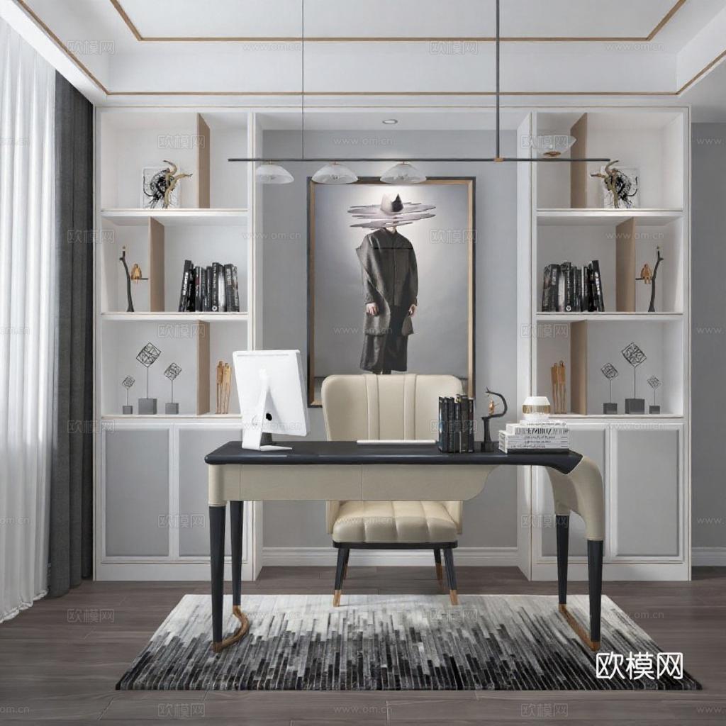 现代轻奢书房设计3D模型 高端家居办公区装饰灵感免费3d模型