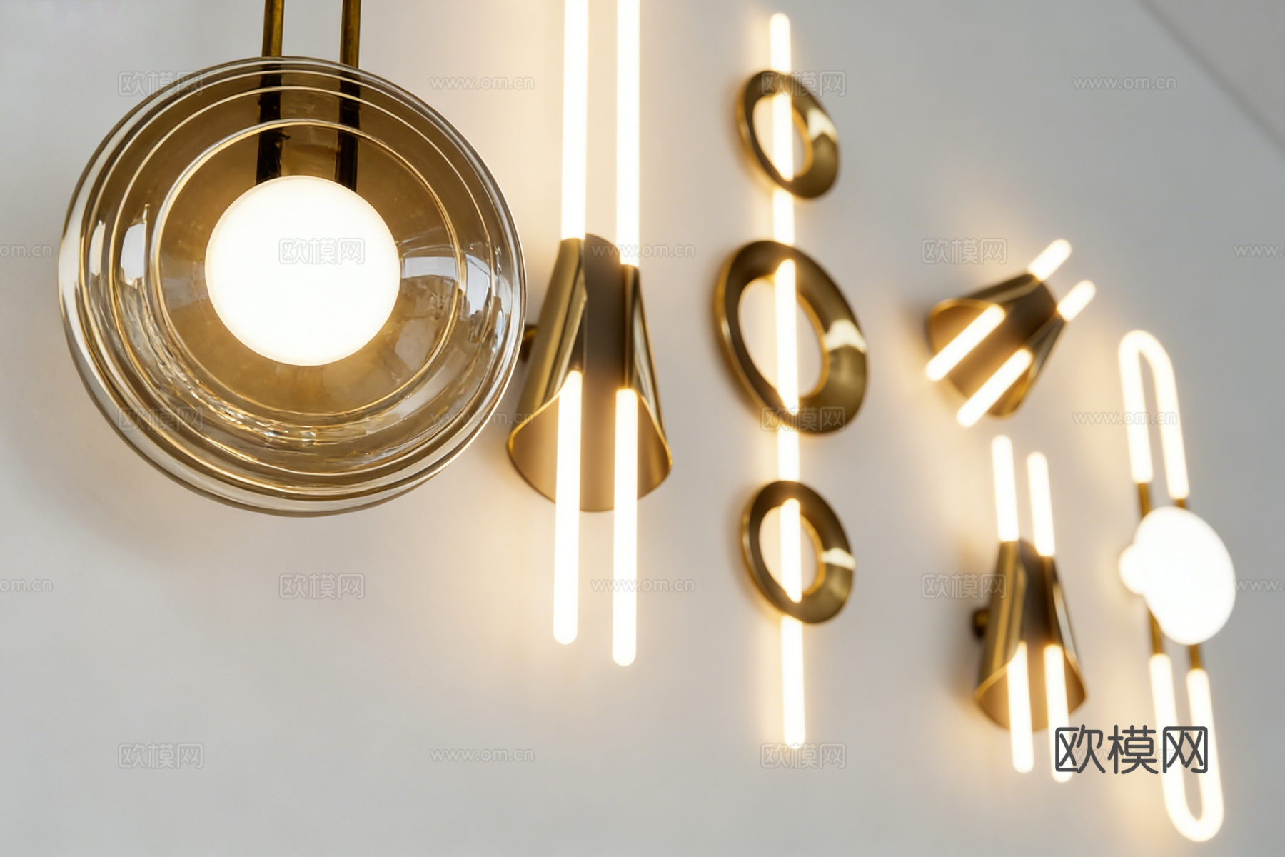 现代简约金色壁灯  含环形线条 玻璃罩造型 客厅走廊背景墙装su模型