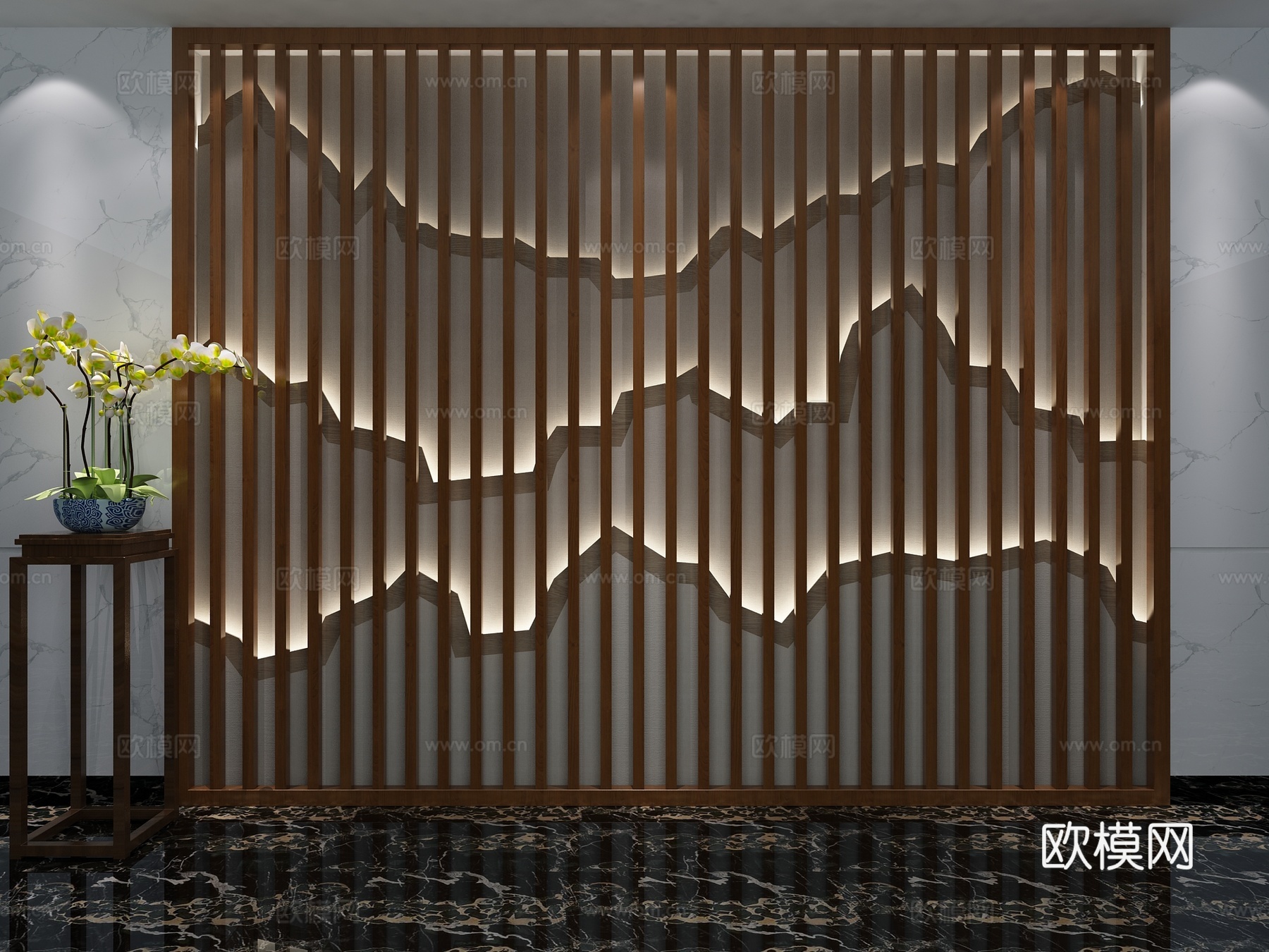 新中式背景墙 山形背景墙 中式凳子3d模型下载（渲染图2）