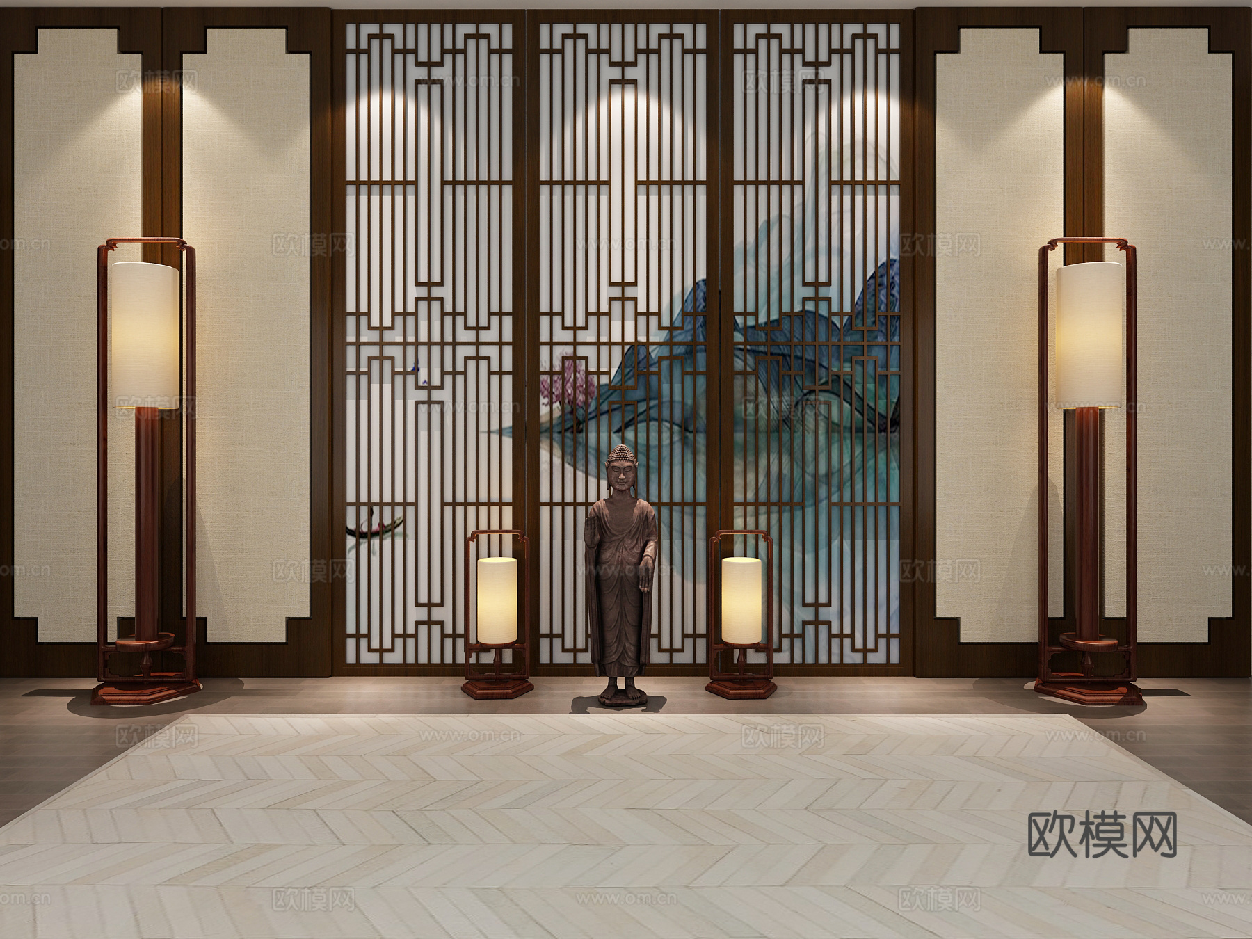 背景墙 形象墙 中式背景墙 中式地灯 隔断 中式摆件3d模型下载（渲染图1）