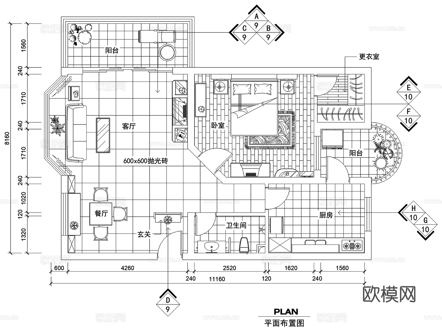 现代简约一居室单间室内装饰CAD施工图集 3套cad施工图