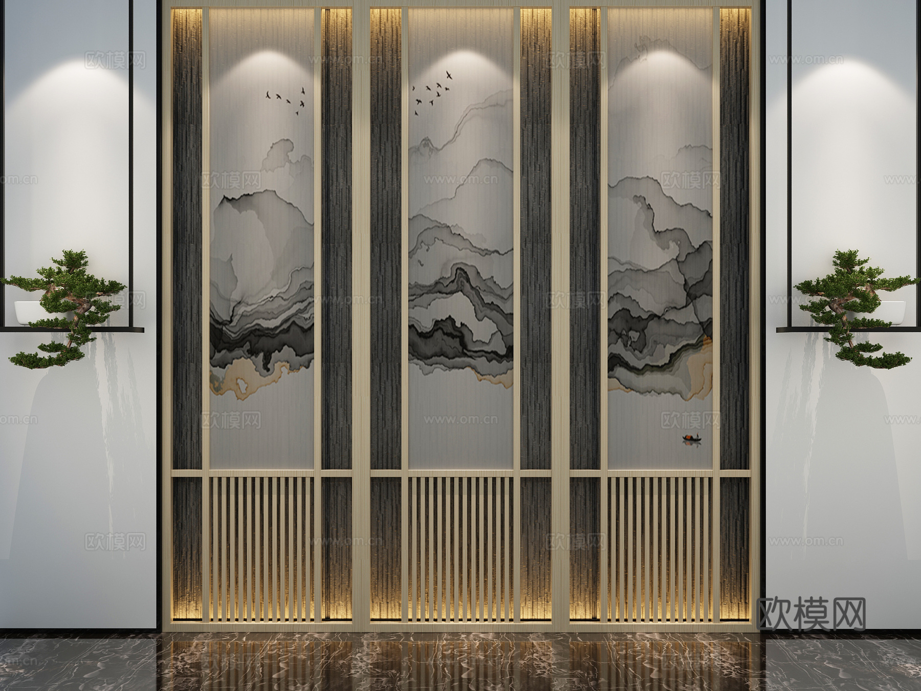 背景墙 形象墙 中式背景墙 禅意背景墙 迎客松 隔断3d模型下载（渲染图2）