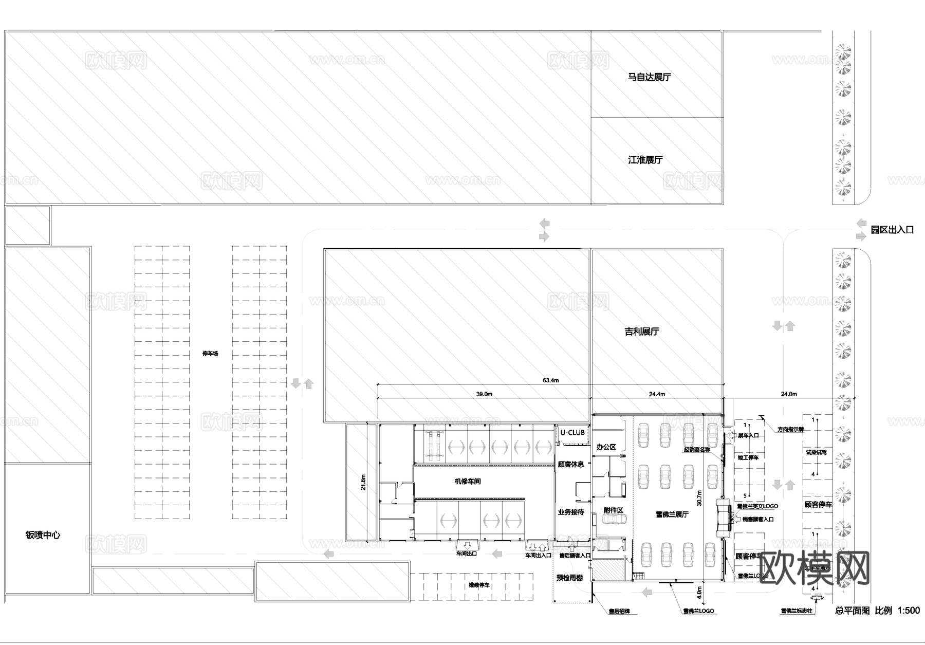4s店汽车展厅维修体验服务中心室内工装cad施工图cad施工图