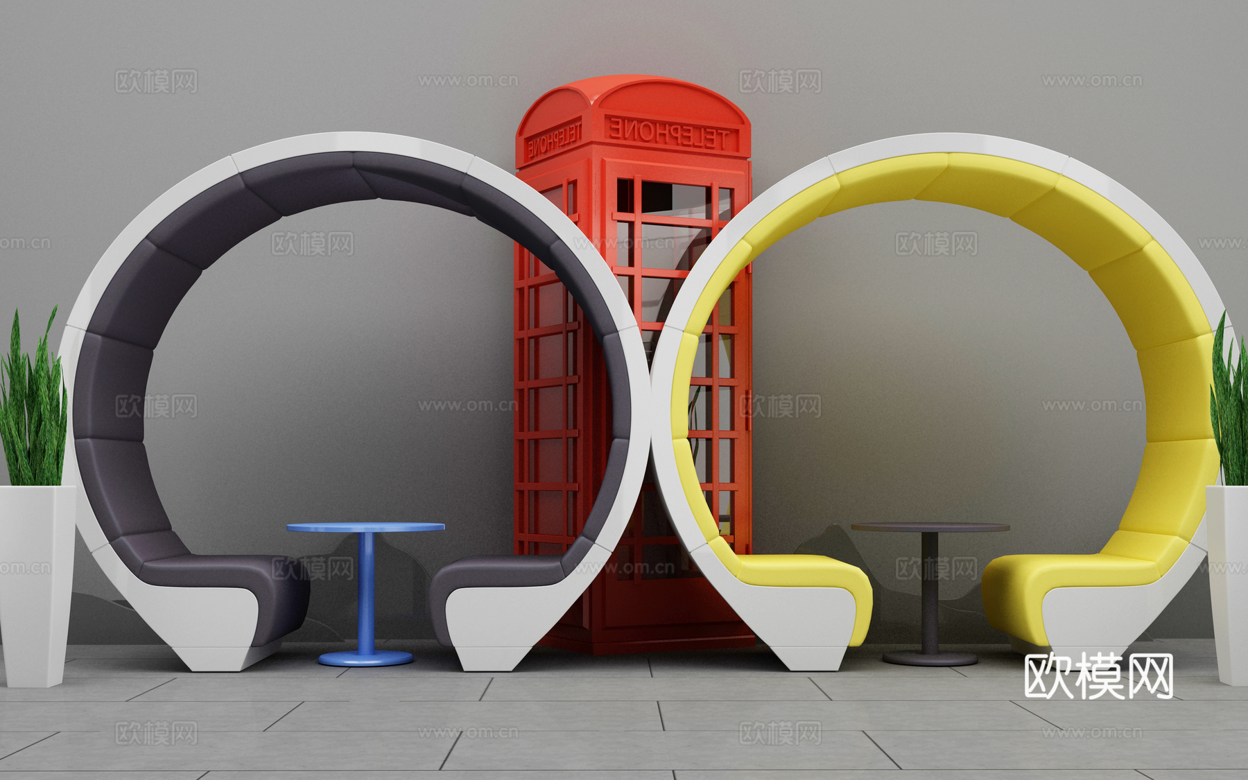 卡座电话亭组合3d模型下载（渲染图1）