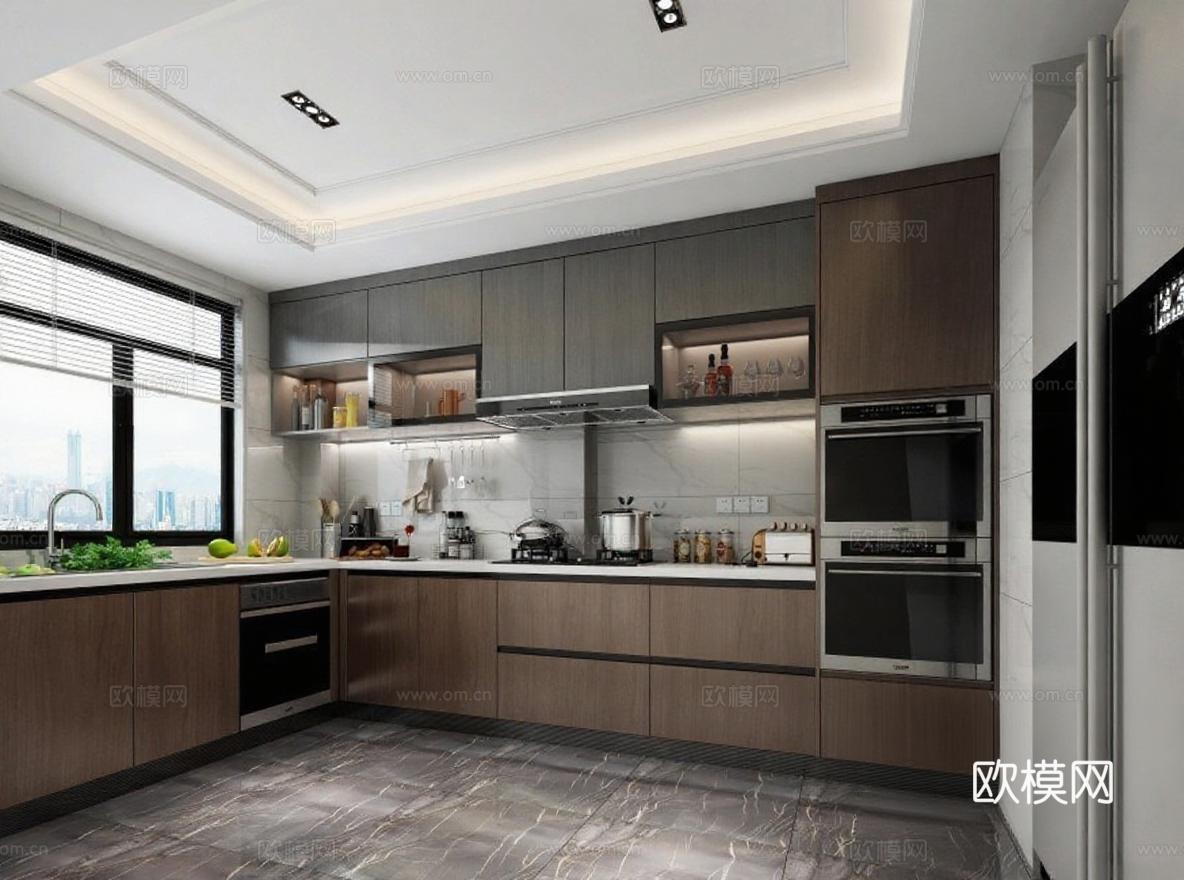 现代L型开放式厨房设计 高端智能家居装修 3D渲染厨房空间效果免费3d模型下载