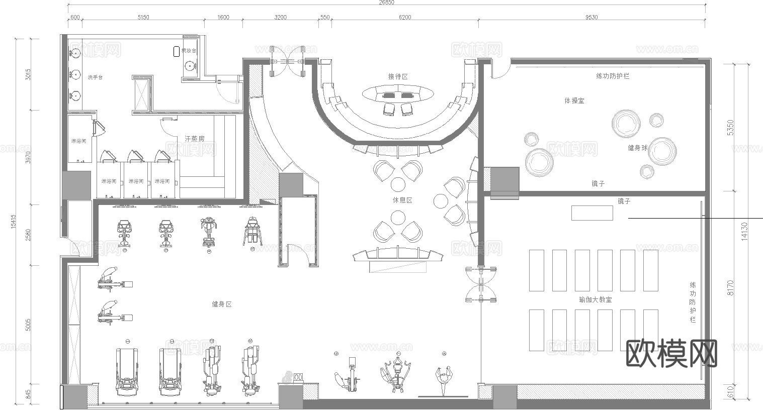 健身会所 最新平面施工图合集cad施工图