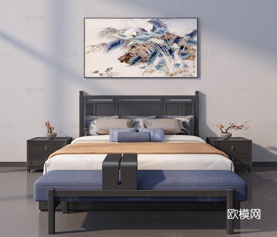 现代中式卧室家具展示 3D渲染现代东方美学免费3d模型