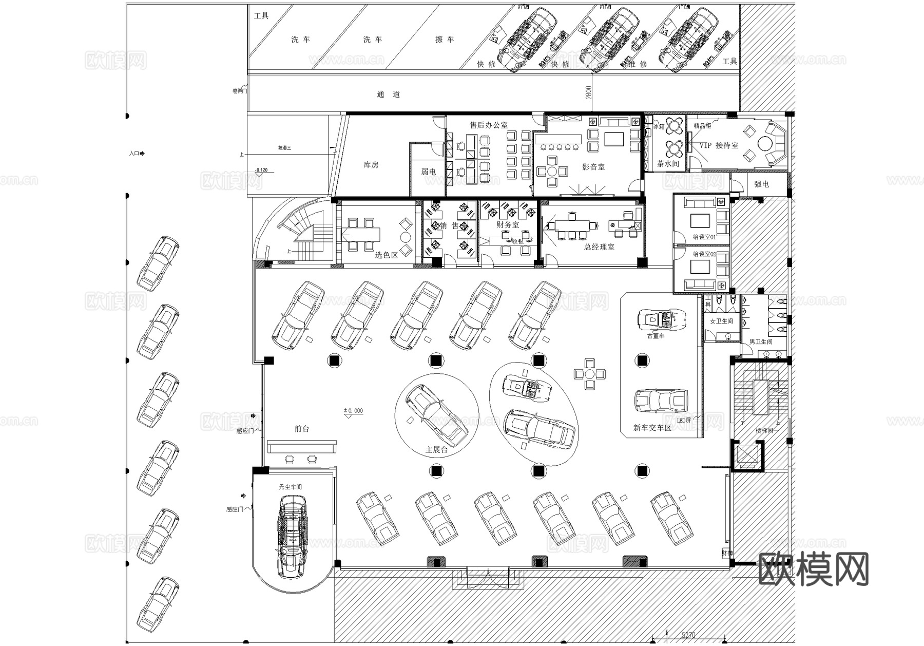 4s店汽车展厅维修体验服务中心平面图cad施工图