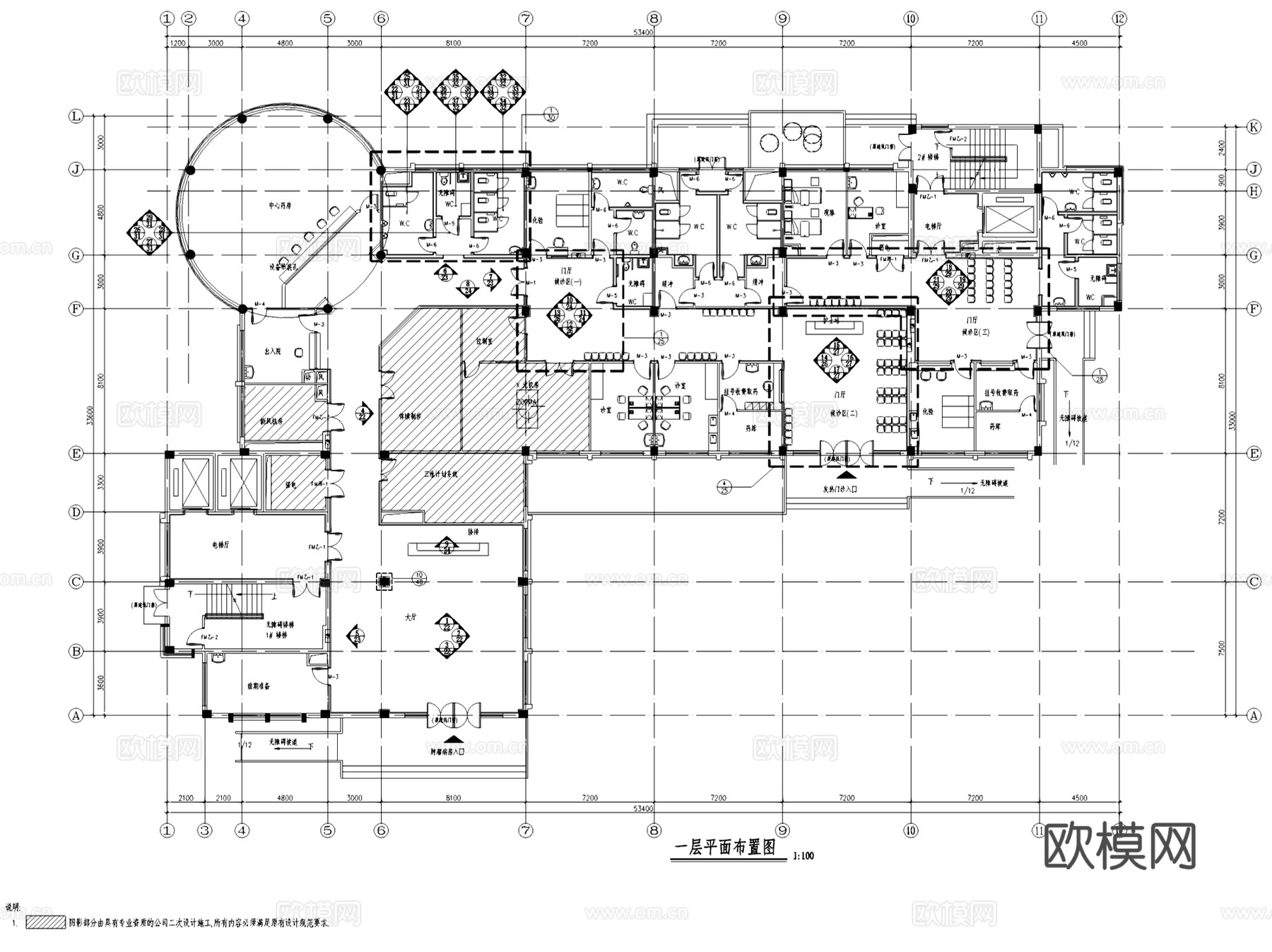 江西中寰红谷滩肿瘤医院室内装饰CAD施工图全套cad施工图