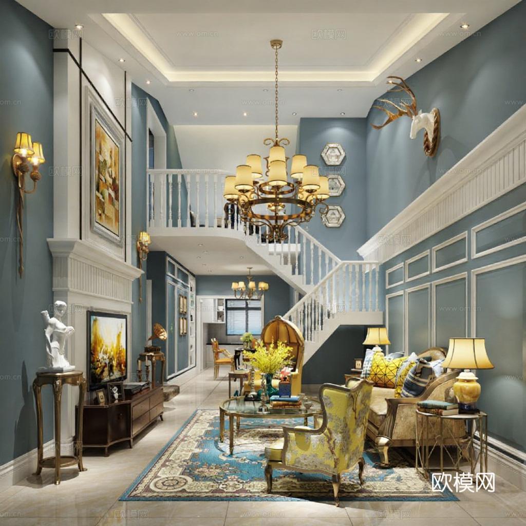 别墅客厅豪华装修设计 3D渲染效果图 欧式新古典风格家居装饰免费3d模型下载