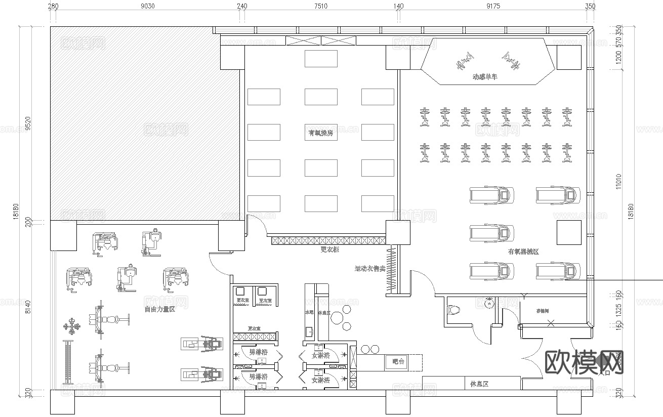 健身会所 最新平面施工图合集cad施工图