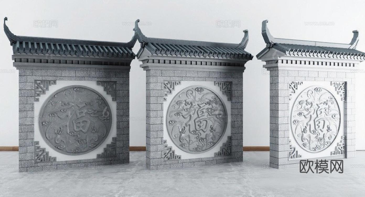 中式石雕门楼3D模型 古典建筑福字祥云浮雕 文化装饰室内设计素材库 灰白调简约风格展示免费3d模型