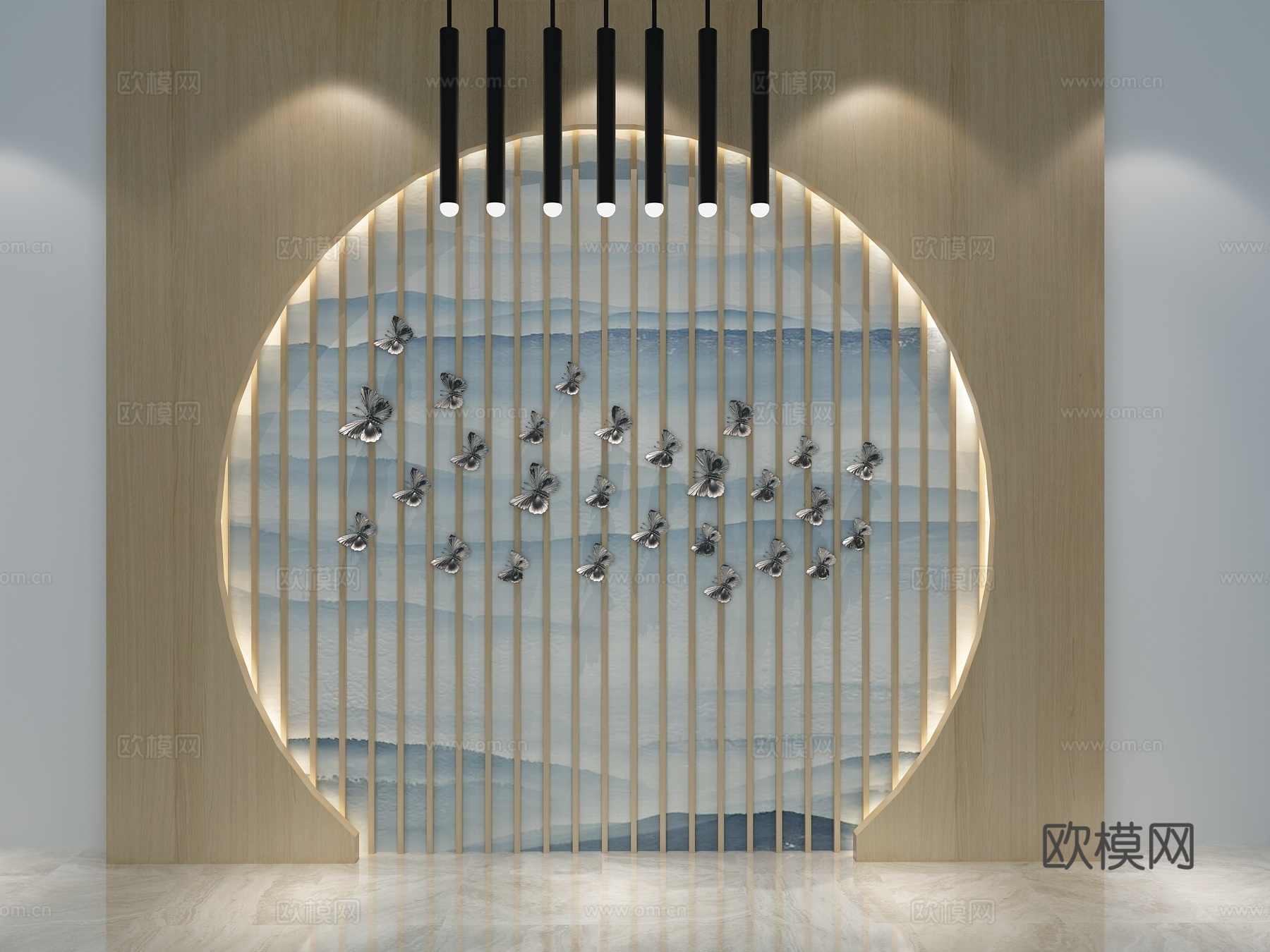 新中式背景墙 吊灯3d模型下载（渲染图2）