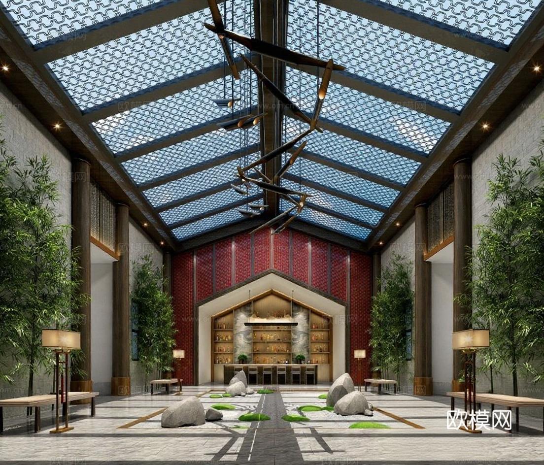 中式风格酒店大堂3D建筑渲染 禅意空间室内设计 对称布局自然光融合传统现代元素免费3d模型