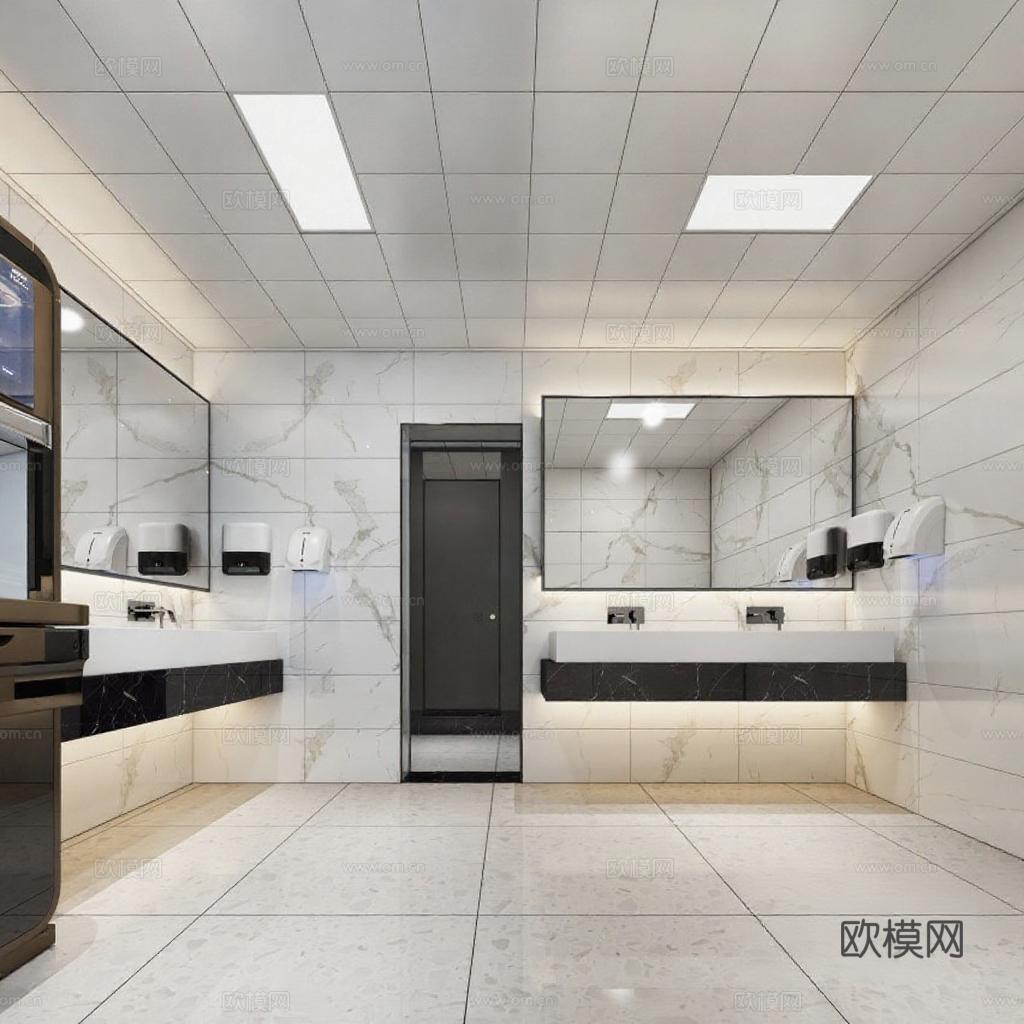 现代公共卫生间建筑设计 大理石瓷砖黑色金属框架 对称布局室内设计 商业空间3D渲染效果图免费3d模型