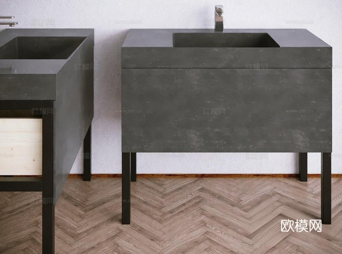 现代工业风浴室柜组合 深灰混凝土洗手台设计 木质金属材质对比卫浴家具 室内设计3D模型参考免费3d模型