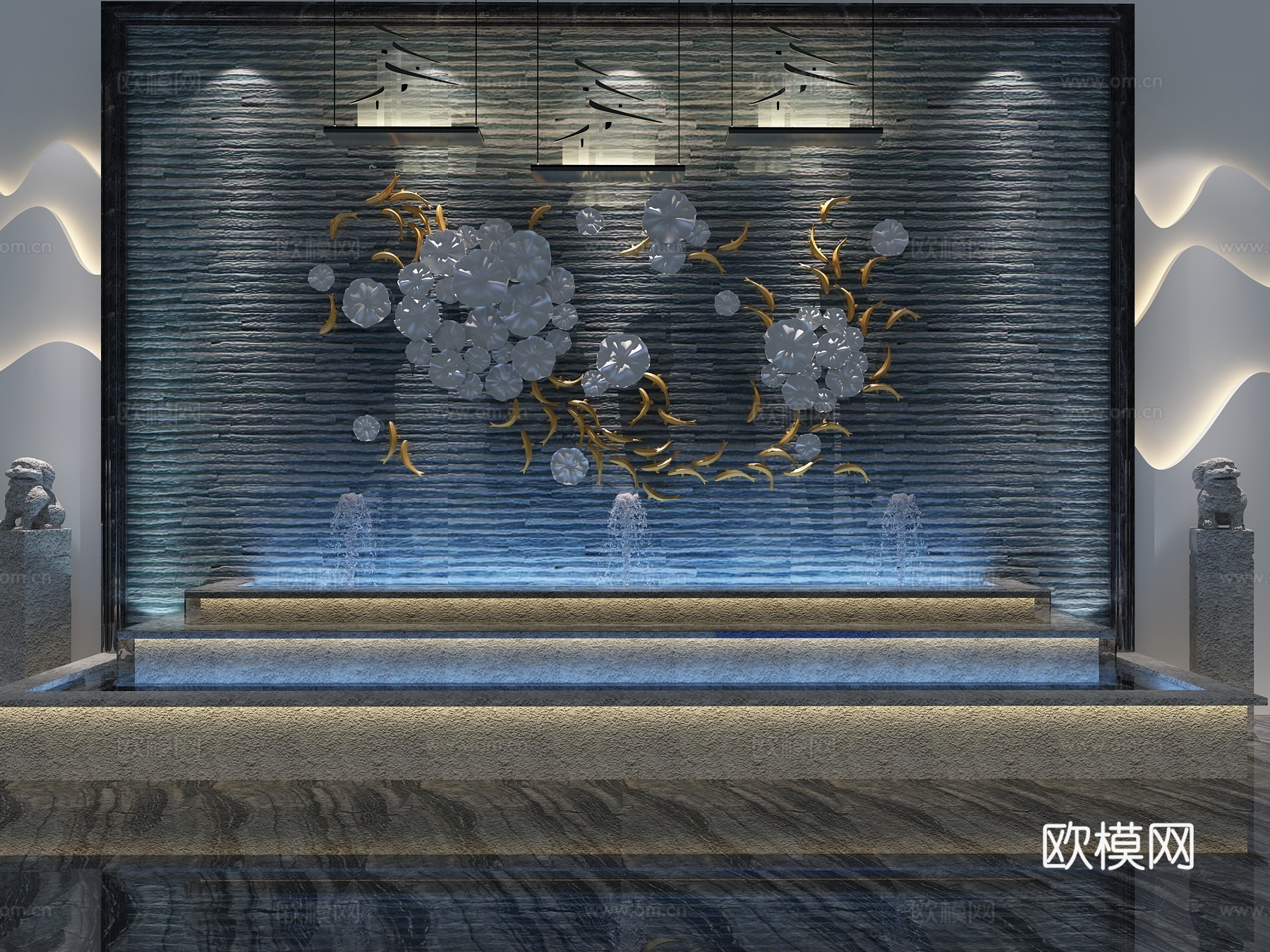 背景墙 流水墙 水池 中式吊灯 鱼群 荷叶 墙饰 意境3d模型下载（渲染图1）