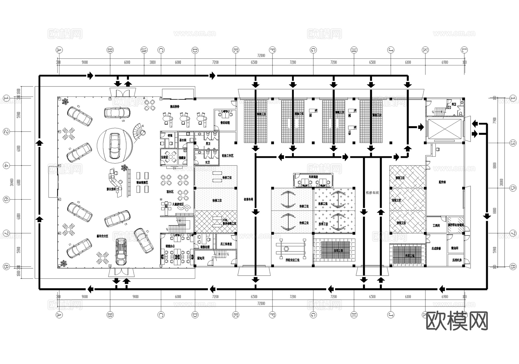 4s店汽车展厅维修体验服务中心平面图cad施工图