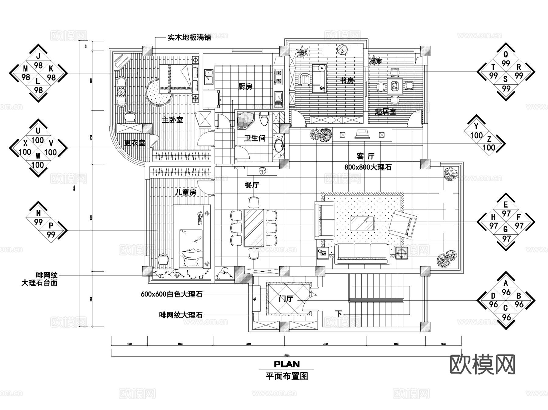 各风格类型三居室室内装饰CAD施工图集 12套cad施工图